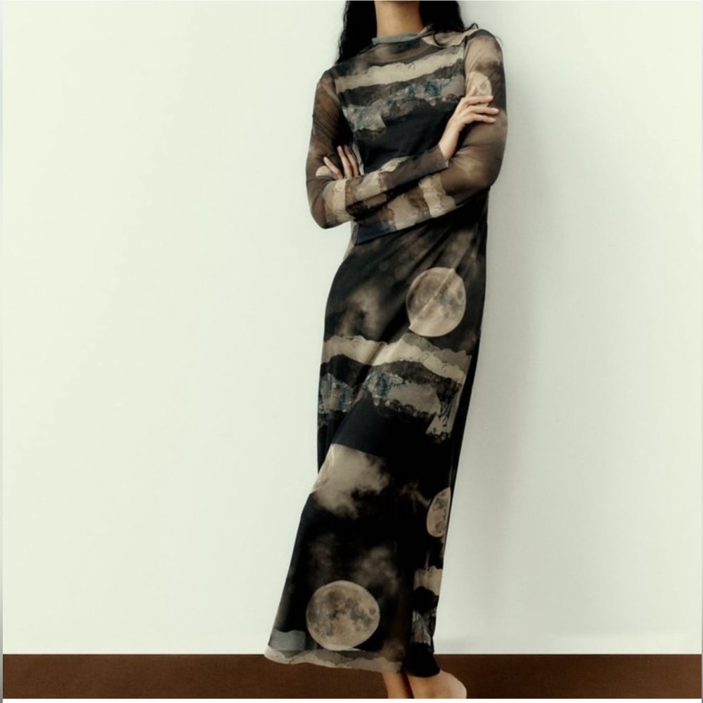 Zara printed tulle maxi dress in moon pattern